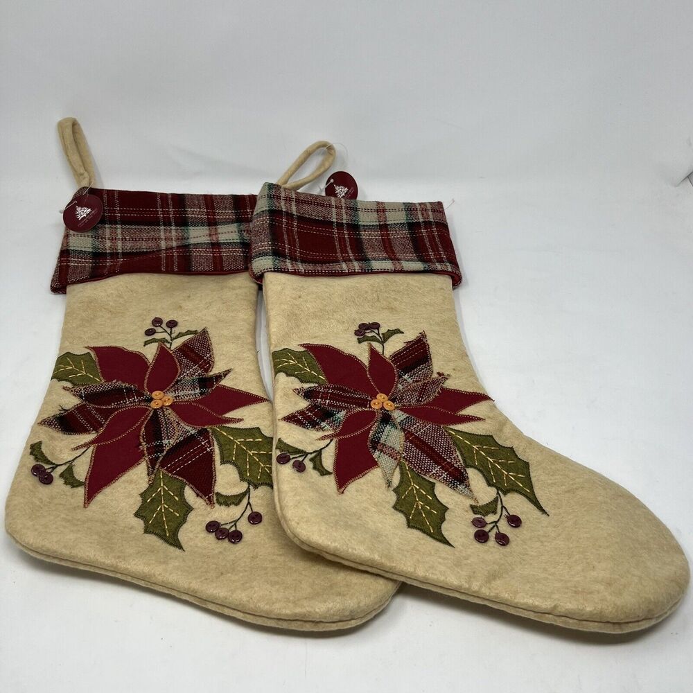 Enchanted Forest Felt Appliqued Fabric Poinsettia Christmas 2 Stockings 18 inch